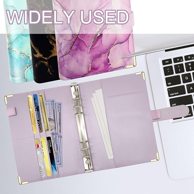 A5 Refillable 6 Ring Faux Leather Budget Binder,Mini Notebook Binder Cover for A5 Filler Paper,Loose Leaf Personal Planner Cover with Magnetic Buckle Closure(Marble Purple)