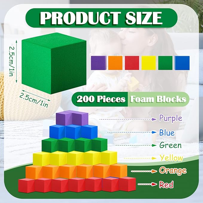 Fuutreo 200 Pieces Foam Blocks 1 Inch Counting Blocks Soft Counting Cubes for Kids Math Learning Small Colored Foam Cubes for Children Preschool Classroom Teacher Supplies, Assorted Colors