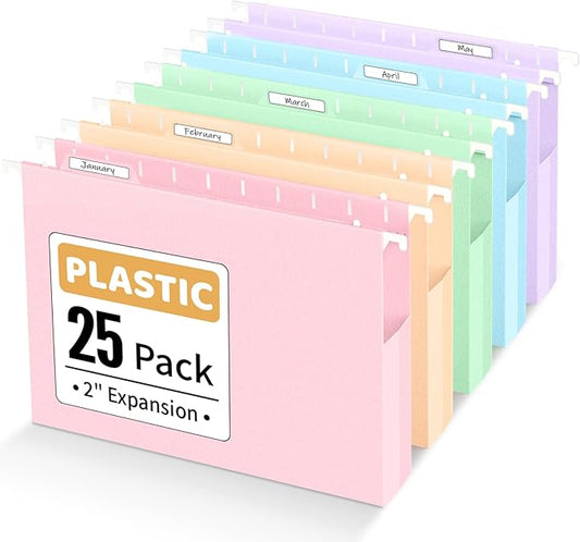 Sooez Extra Capacity Plastic Hanging File Folders, 25 Count Expanding File Folders Letter Size with 2" Expansion, File Organizer with Adjustable Tab for File Cabinet, Drawer, Pastels Colors