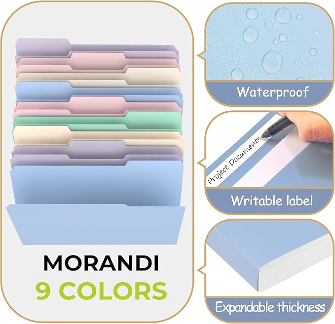 HABGP 9 Pcs Manilla Folders 8.5 x 11 Inch, 1/3-Cut Tab Colored File Folders Letter Size, Plastic Folders Aesthetic, School Business Office Manila Folders for Documents Paper