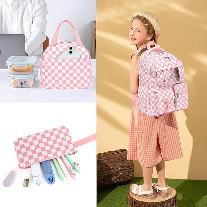 Girls School Backpack Set - Teens Kids School Bag Bookbag with Lunch Box Pencil Case for Elementary Middle School (Checkered Pink)