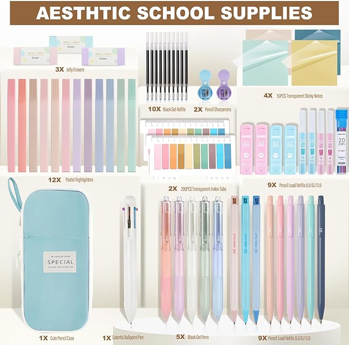 58 PCS Aesthetic School Supplies with Cute Pencil Case,12 Pastel Highlighters, 5 Gel Pens Black Ink，9 Mechanical Pencils for，Student Stationary，CollegeEssentials Gifts (Blue)