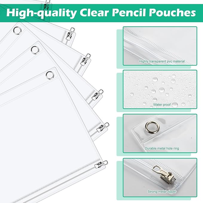 Lincia 20 Pack Clear Pencil Pouch for 3 Ring Binder Zippered 3 Ring Binder Pocket Inserts Bag Pencil Case 10 x 7'' Visible Cash Envelope with Re-enforced Grommet for College Office