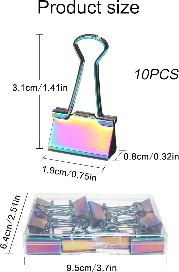 10 Pcs Rainbow Paper Clamps,Medium Binder Clips, 0.75 Inch Length for Office Use, Organize Files and Folders (0.75 Inch)