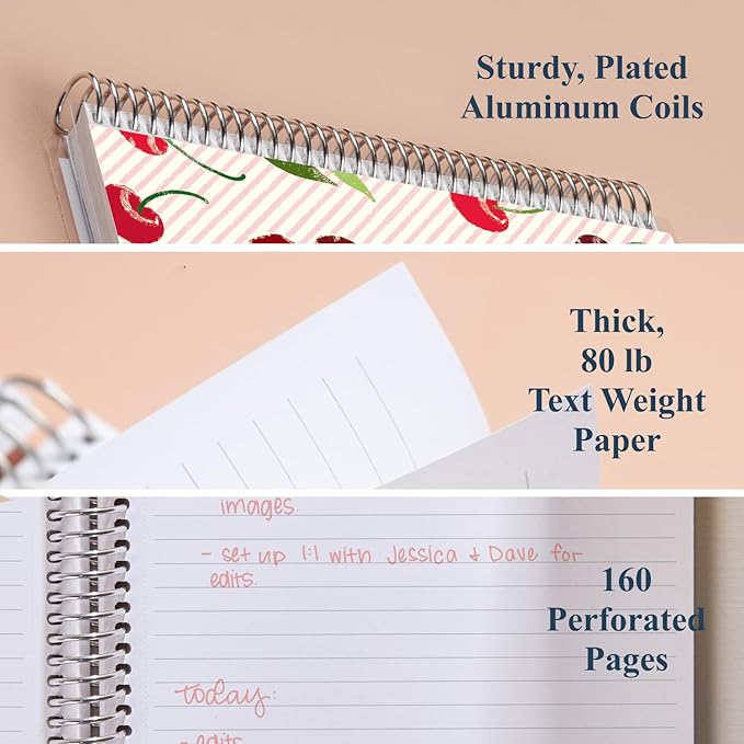 Erin Condren 7” x 9” Lined Spiral Notebook, College-Ruled Layout with 80 Lb. Paper, Cherry Cover, 160 Lined Notebook Pages, Platinum Coil, Stickers Included