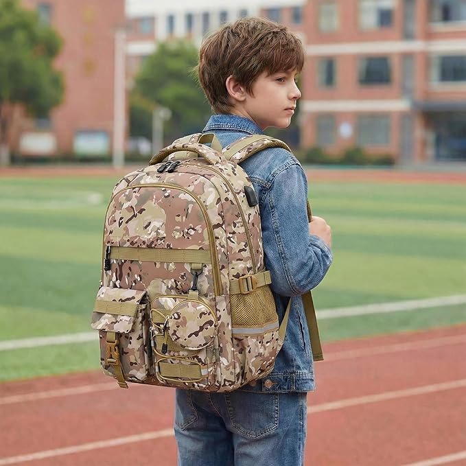School Backpack for Boys - Camo Boys Backpack for Kids Teens Elementary, Middle & High School Bookbag Daypack with Camouflag Design,18″ Large Capacity with Usb Charging Port & Key-chain