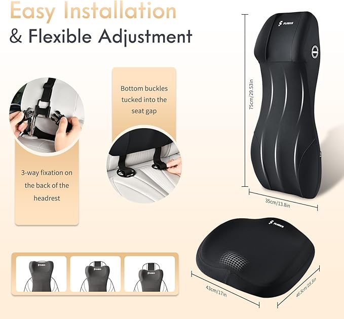 FLORICH Car Seat Cushion and Lumbar Support Headrest Pillow Memory Foam Ergonomic Car Cushion Back Neck Support Pillow Sciatica & Back & Tailbone Pain Relief Cushion for Car Seat Driving, Black
