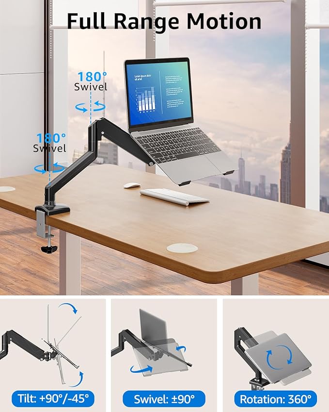 MOUNTUP Laptop Stand for Desk, Adjustable Aluminum Laptops Arm Mount for 14-17 Inch Notebook & 32" Monitor, Laptops Arm for Desk Support for 2.2-19.8lbs, 2-in-1 Laptop Desk Mount with Clamp/Grommet