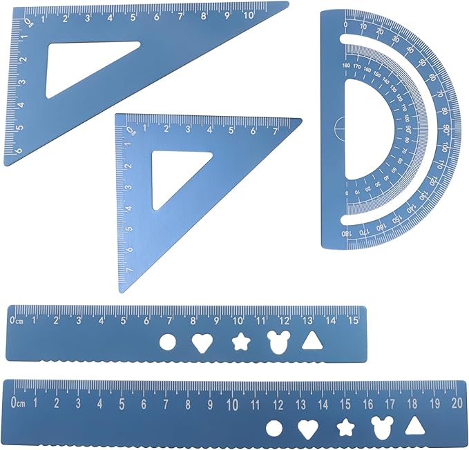 5-Piece Metal Geometry Set, Aluminum Ruler Drafting Kit Protractor & Triangular Rulers Precision for Engineers, Students, Math Measurement Tools(Blue)
