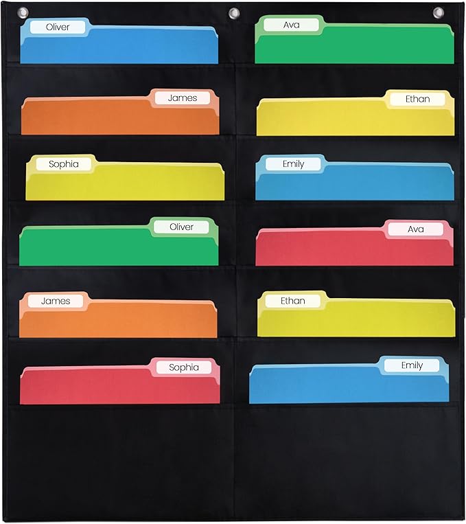 Essex Wares - 12 Pocket File Pocket Chart, Black, 14" Wide x 55" Tall - Versatile Wall Hanging File Folder Organizer for Classroom, Office, Home, and More - Wall Folder Organizer - 12 Pockets