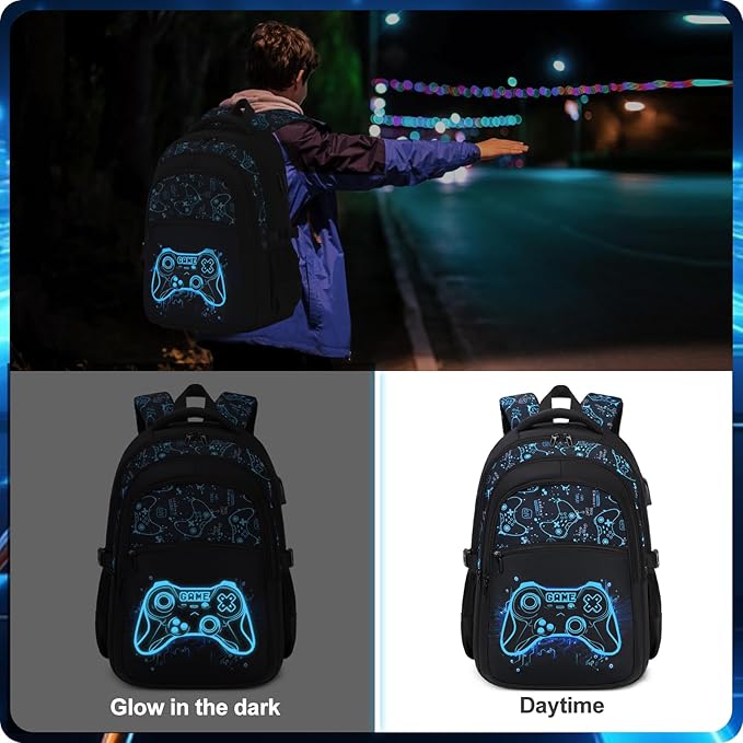 Boys Backpack for School, 3PCS Cool Luminous Gamer Backpack for Boys with Lunch Box Pencil Case, Kids Backpacks Bookbag for Teen Boy Elementary Middle High School with USB Charging Port