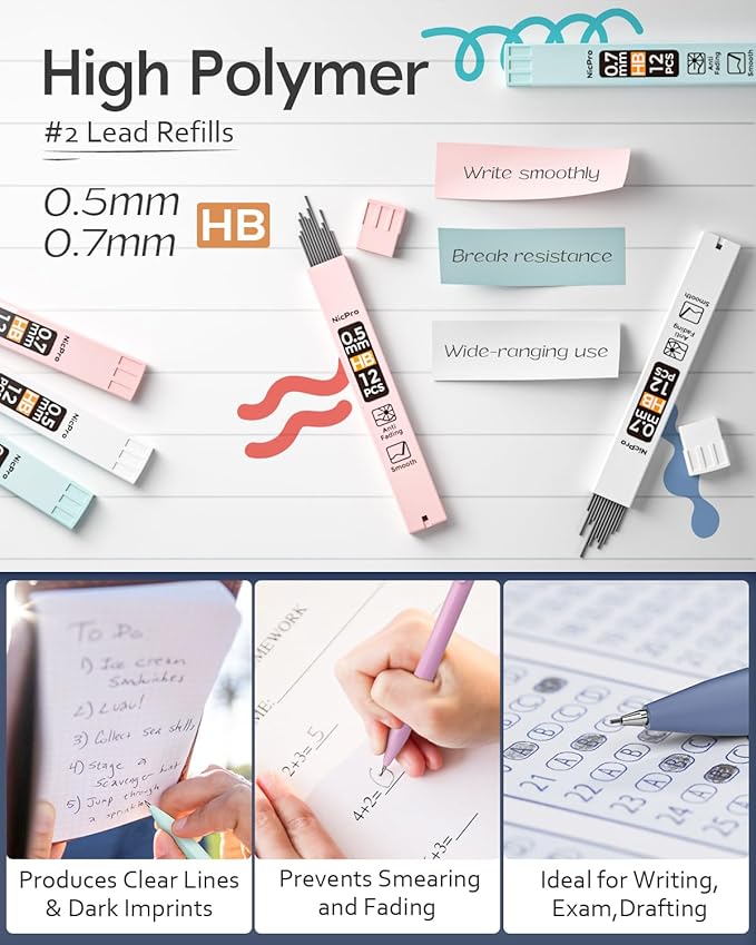 Nicpro 6PCS Pastel Mechanical Pencil Set with Case, Cute Drafting Pencils 0.5mm & 0.7mm with 6 Tubes HB Lead Refills, Erasers, Eraser Refills, Aesthetic School Supplies for Girls Drawing Sketching