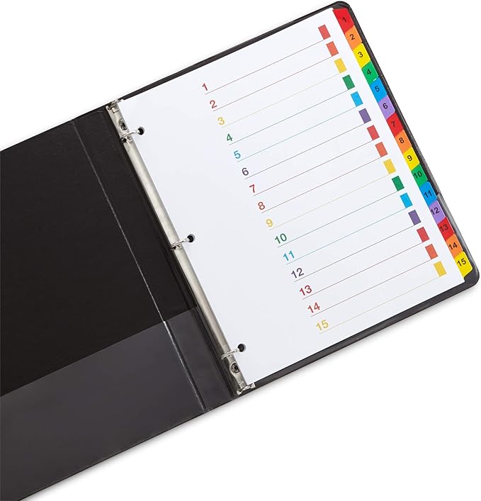 Blue Summit Supplies 15 Tab Binder Dividers for 3 Ring Binder or Notebook, Subject Dividers with Multicolor Numbered Tabs, Includes Customizable Table of Contents Index, 3 Sets
