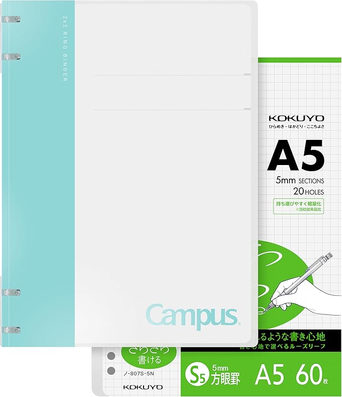 KOKUYO Campus 2x2 Spiral Binder Notebook Set, A5 Refillable Notebook + 60 Refill Papers with 5x5 Graph Ruled, 40 Sheet Capacity, Light Blue, Perfect for Work, Study & Journal, Japan Import