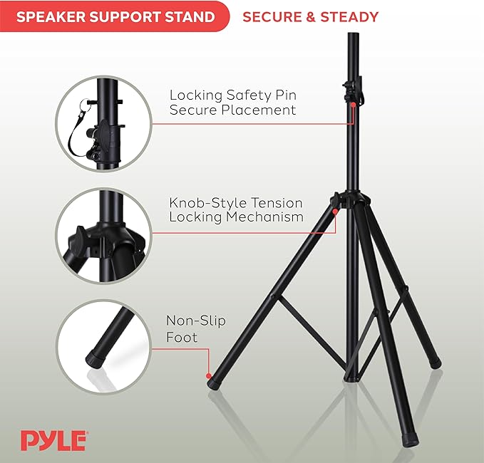 Pyle Universal Speaker Stand Mount Holder Heavy Duty Tripod w/ Adjustable Height from 40” to 71” and 35mm Compatible Insert Easy Mobility Safety Pin and Knob Tension Locking for Stability, Black