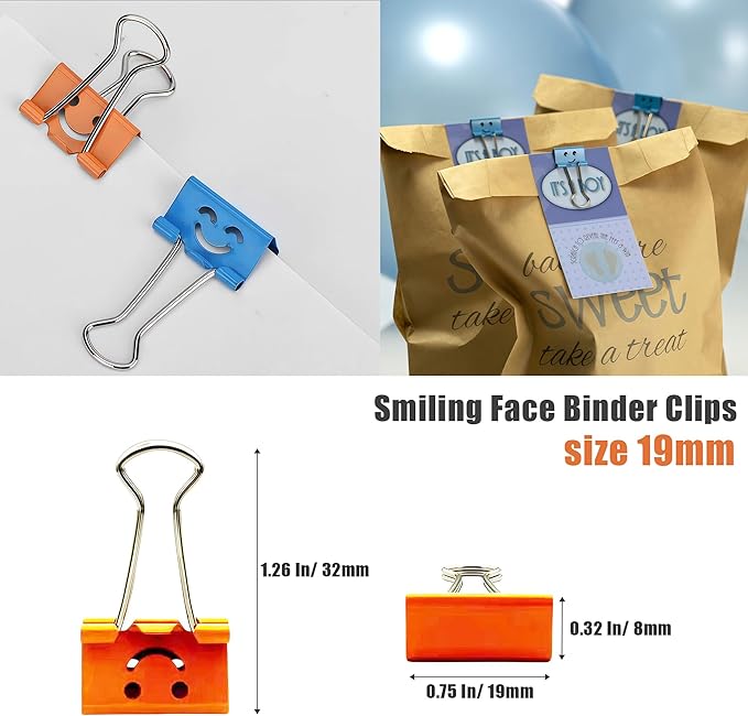 Smiling Face Binder Clips Small, 20 Pcs Colored Binder Clips Assorted Color (19mm), Cute Emoji Paper Clamps for Office, School and Home, Fun & Decorative Orange Paper Clips Gift