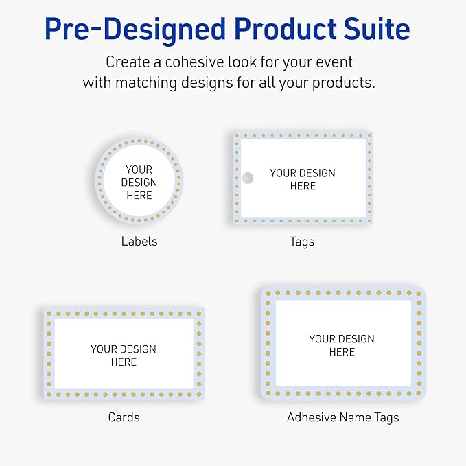 Avery Printable Rectangle Adhesive Name Tags, Blue Border, Gold Dots Design, 2-1/3" x 3-3/8", Matte White, Removable Adhesive, Laser/Inkjet, 80 Total, Great for Name Badges