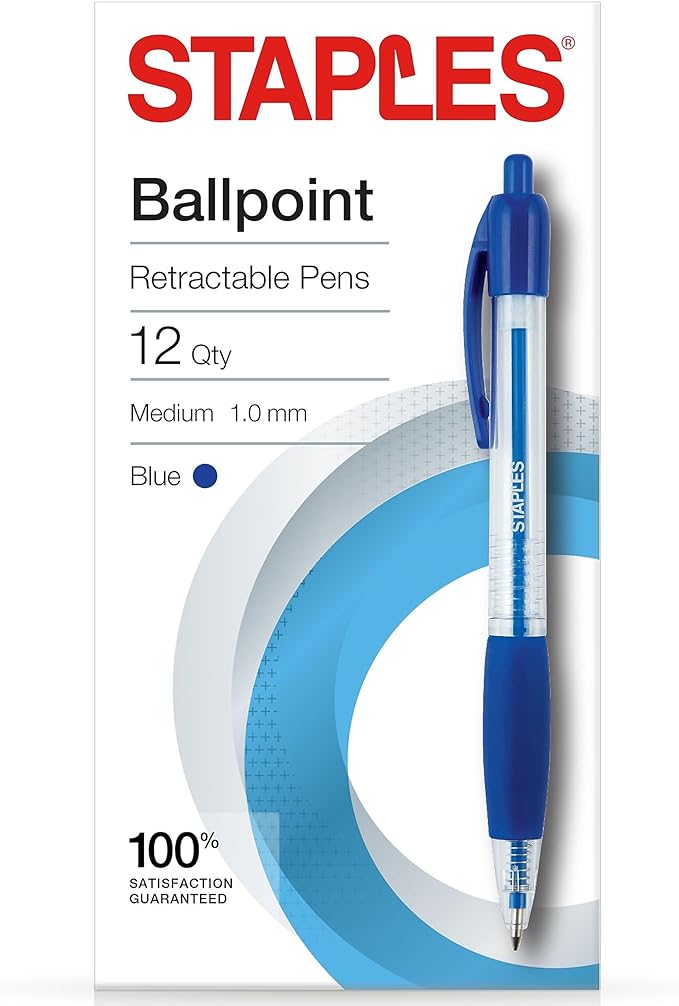 STAPLES Retractable Ballpoint Pens, Medium Point 1.0mm, Blue Ink, 12 Pack – Smooth‑Writing Pens for Office, School & Notes