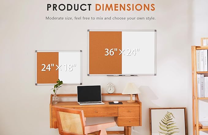 S SWANCROWN Half Corkboard and Magnetic Whiteboard Combo Dry Erase Bulletin Board for Retail School,Office,Family,Aluminium Frame,36x24 Inches