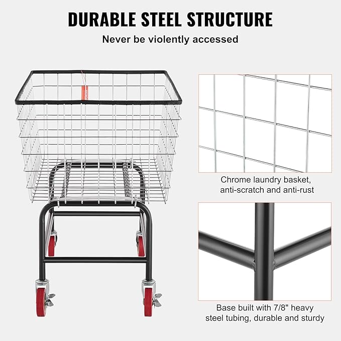 VEVOR Wire Laundry Cart, 3.8Bushel Wire Laundry Basket with Wheels, 32.5''x21.3''x29.9'', Commercial Laundry Basket, Steel Frame with Chrome Finish, 4'' Casters, Wire Cart for Laundry