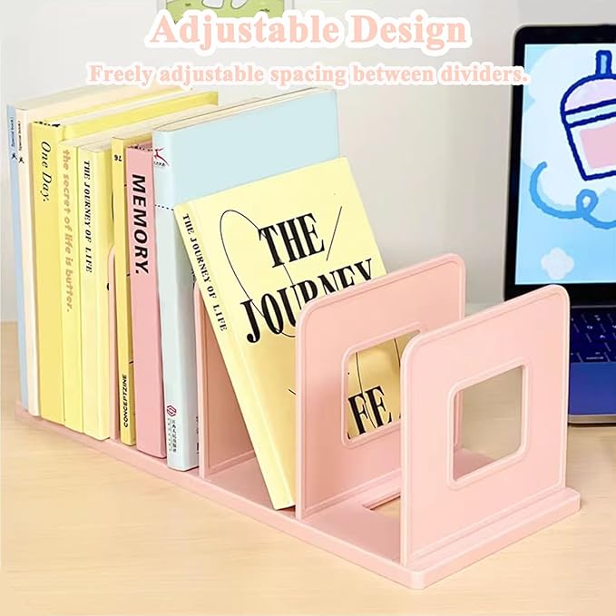 SAYEEC Desk File Sorter Vertical Desktop File Folder Organizer 4 Section Plastic Book Holder Adjustable Shelf Dividers Closet Purse Handbag Mail Binder Organizer Magazine Rack Stand Bookshelf (Pink)