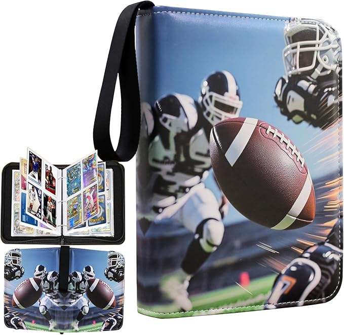 Trading Card Binder with Side-Loading Pages 400-Pocket Sports, Game, Membership & Shopping Card Album with Display Cover, Zipper & Wrist Strap, Fits Football Cards & More