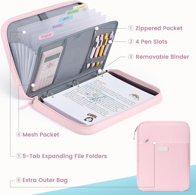 Sooez Zipper Binder Bag, 1 Inch Binders 3 Ring O-Ring, 5-Tab Dividers Expanding File Folder, 420-Sheet Capacity Three Ring Binder, Cute Organizer Storage for Student School Classroom Supplies, Pink