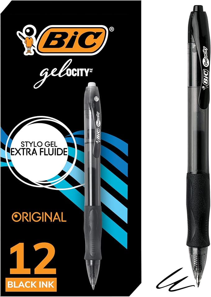 BIC Gelocity Original Black Gel Pens, Medium Point (0.7mm), 12-Count Pack, Retractable Gel Pens With Comfortable Grip