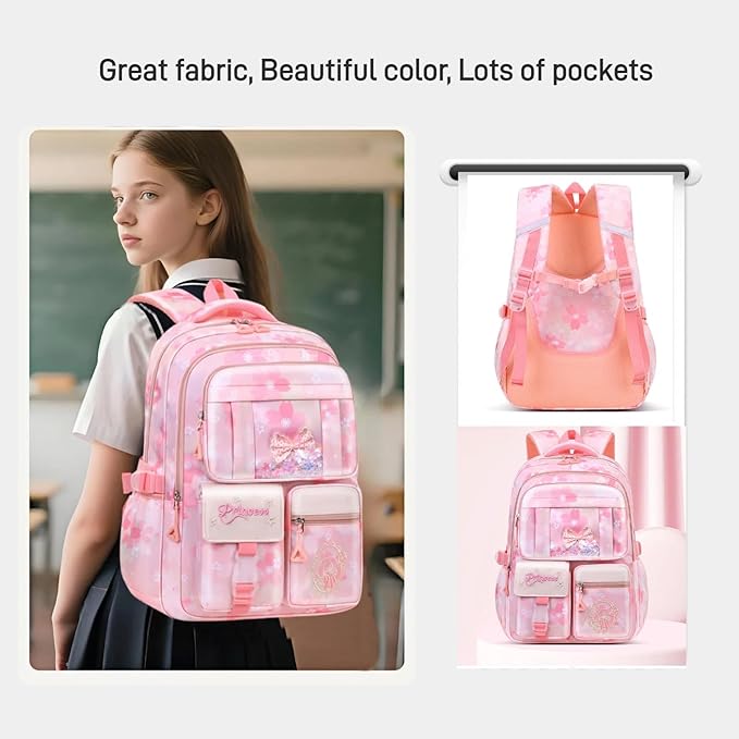 Kids Backpack School Bags for Girls, Cute Princess Backpack Multi-pocket Elementary School Students Bookbag for Girls, Pink