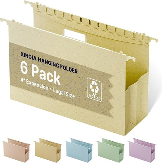XINGIA 6 Pack Expandable Hanging File Folders Legal Size, 4 Inch Expansion File Folders for Filing Cabinet,Wheat Straw Reinforced File Folders Hanging with Tabs,File Organier for Office Home School