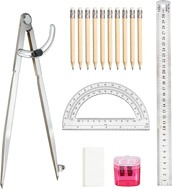 Compass Geometry Tool Set – 12 Inch Drafting Compass with Wing, 6 Inch Protractor, 12 Inch Metal Ruler & Pencils – Precision Drawing Compass for Geometry, Woodworking, Carpenters, Students-L2