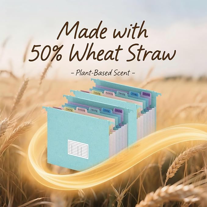 Expanding Hanging File Folders for Filing Cabinet, 7 Accordion Pockets, 1.2'' Expandable, Multi-Color Tabs, Letter Size, 50% Wheat Straw, 3 Pack (Assorted Pastel)