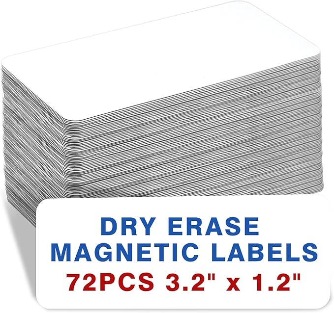 72 Pcs Dry Erase Magnetic Labels, 3.2 x 1.2 Reusable Writable Magnetic Name Tags Magnetic Label Stickers for Whiteboard, Refrigerator, Locker Classroom Office Home (White)