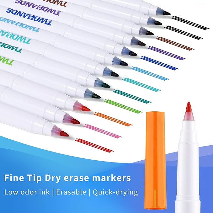 TWOHANDS Dry Erase Markers Ultra Fine Tip,0.7mm,Low Odor,Extra Fine Point,11 Assorted Colors,Whiteboard Markers for Office,Home,or Planning Whiteboard,12 Count,20529
