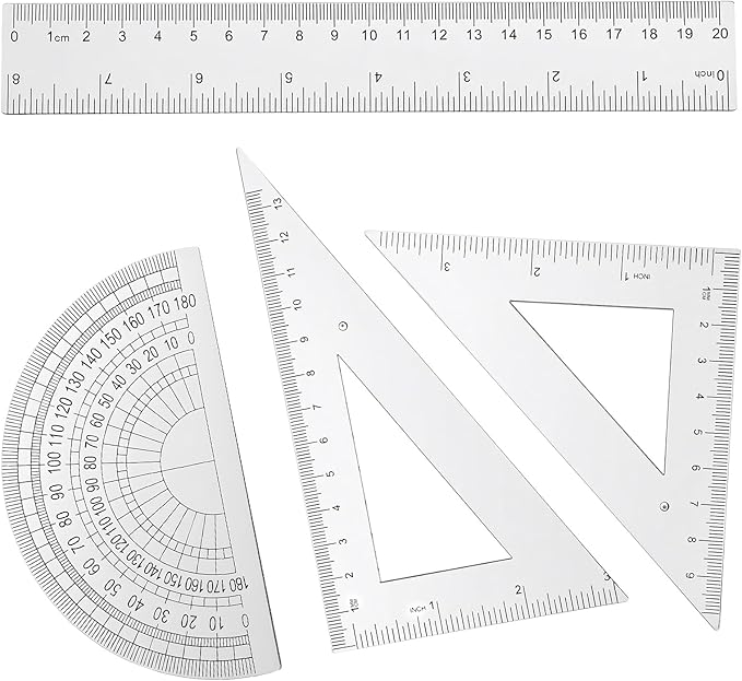 4 Pcs Transparent Plastic Ruler Kit, Math Geometry Set with 8 Inch Straight Ruler, Triangle Rulers, Protractor, Clear Measuring Tools for Office and Drafting