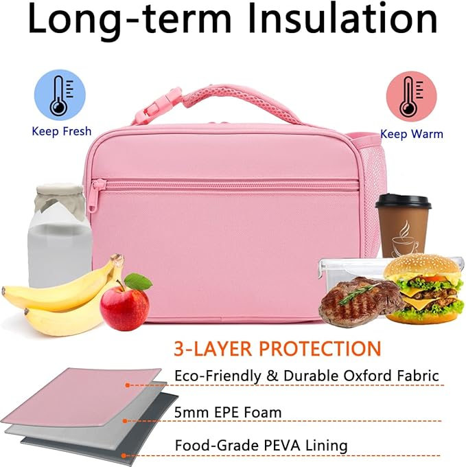 Insulated Lunch Box for School, Thermal Reusable Durable Freezable Lunch Bags for Kids Boys Girls Men Women - Small Soft Cooler Portable Lunch Tote Kit for Work Picnic Travel,Pink