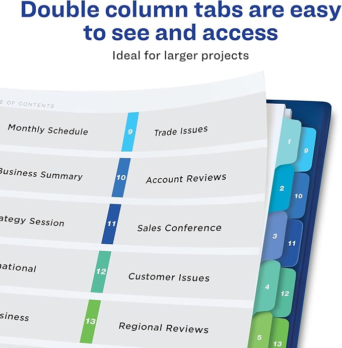 Avery Double Column Dividers for 3 Ring Binders, 16 Tabs per Set, Customizable Table of Contents, Multicolor Tabs, Great for Organizing Reports, Projects, and More (11320)