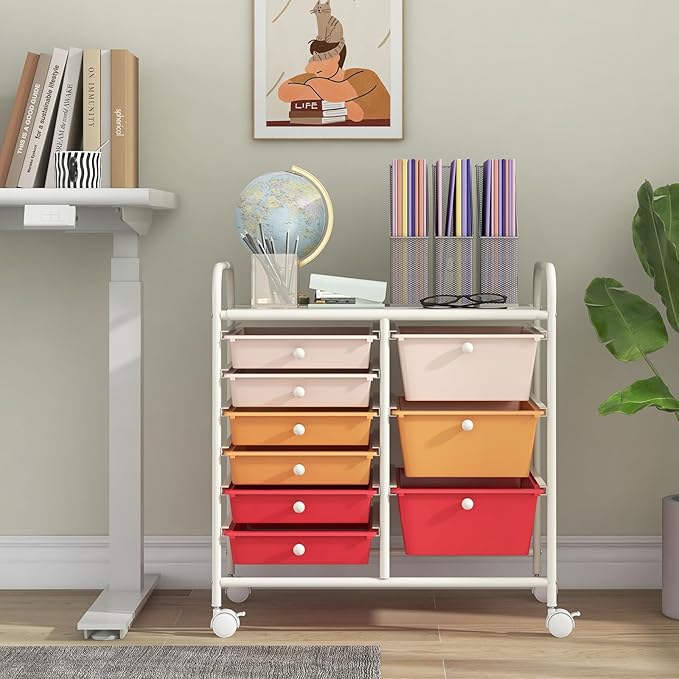 COSTWAY Rolling Storage Cart with 9 Drawer, Mobile Utility Cart with Metal Frame, Art Supply Craft Organizer, Multipurpose Storage Organizer for Paper, Office, School Teacher, Classroom, Macaron