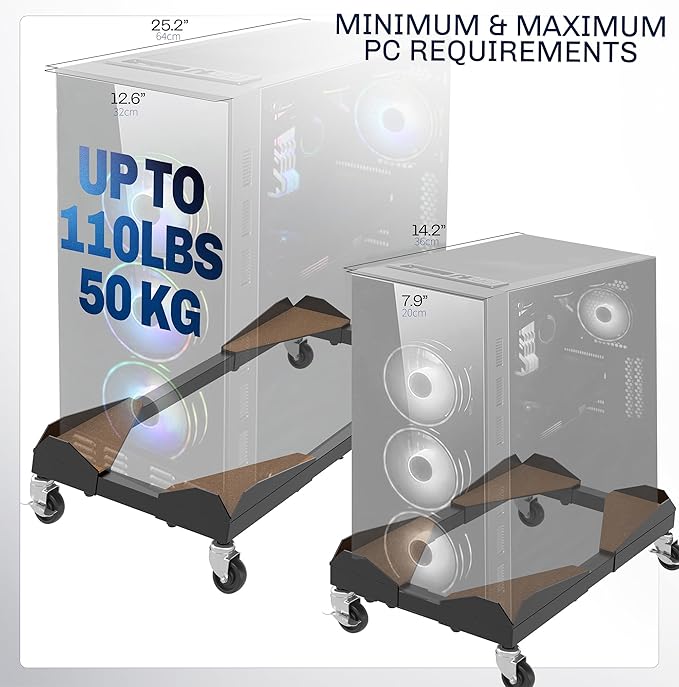 VIVO Premium Large Steel PC Cart, Rolling CPU Trolley, Adjustable Mobile Computer Stand Holder with Locking Wheels, Fits Most Gaming PCs up to 25 x 12 inches, Under Desk, Black, CART-PC03D