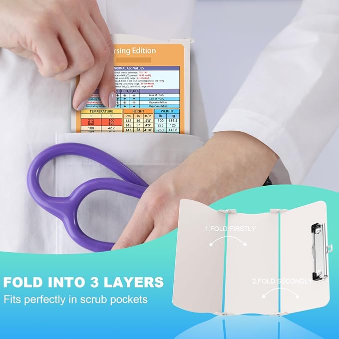Clipboards Nursing Clipboard Trifold Foldable, 3 Layers Aluminum Nurse Clipboards with Nursing Edition Cheat Sheets Folding Pocket Size for Students, Nurses and Doctors (Light G)