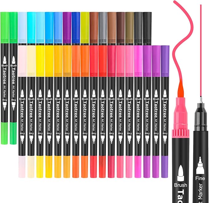 Taotree 36 Colors Dual Tip Art Markers Pens for Adult Coloring Books, Artist Fine & Brush Tip Coloring Marker Drawing Pens for Journaling Note Taking Lettering Calligraphy Craft Art Supplies Set
