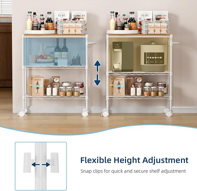 Whitmor 3 Tier Rolling Kitchen Cart,27.6"x10"x21.7”Heavy Duty Metal Storage Cart with Wheels, Adjustable Shelves, Lockable Utility Cart with Wood Top & Portable Handle for Indoor & Outdoor Use, White