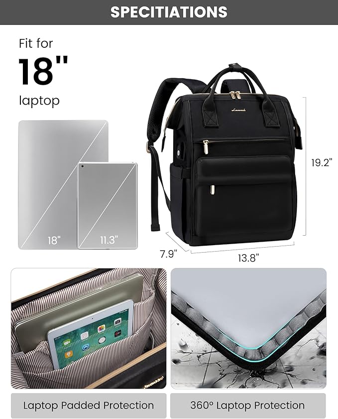 LOVEVOOK Laptop Backpack for Women, 18 Inch Work Teacher Nurse Bag, Large Capacity Business Computer Backpack Purse with USB Port, Stylish Casual Daypack for Travel,Black