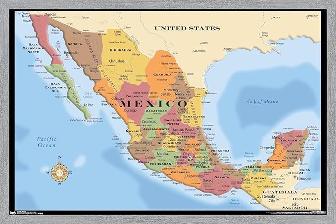 Map - Mexico Wall Poster, 34L" x 22.4W", Gray Framed Version
