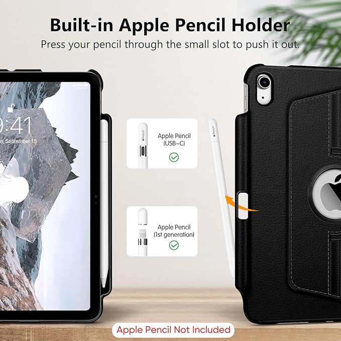 Fintie Rotating Case for iPad (A16) 11th Generation 11 Inch (2025), iPad 10th Generation 10.9 Inch (2022) - [Built-in Pencil Holder] 360 Degree Rotating Protective Stand Cover, Black