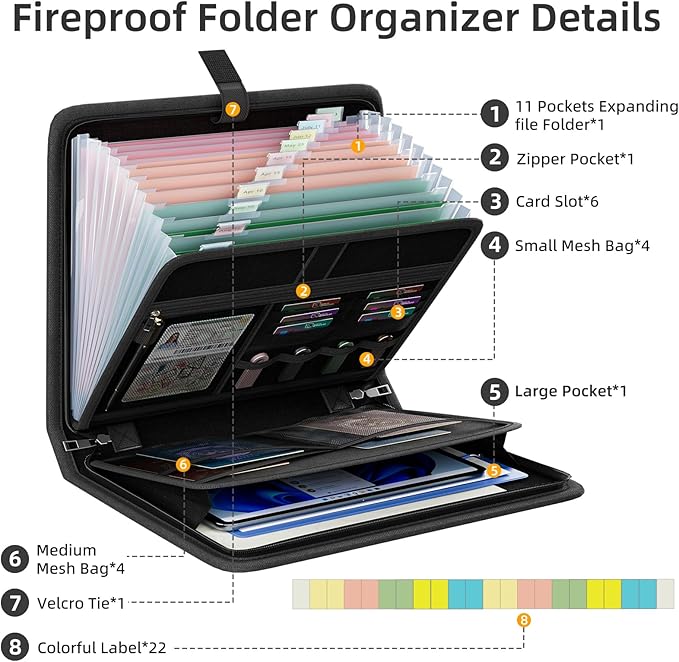 Huolewa Fireproof Accordion File Organizer, Portable Expanding File Folder with Waterproof Zipper&Labels, Black Document Organizer with 13 Pockets, File Organizer for Important Document/Paper Storage