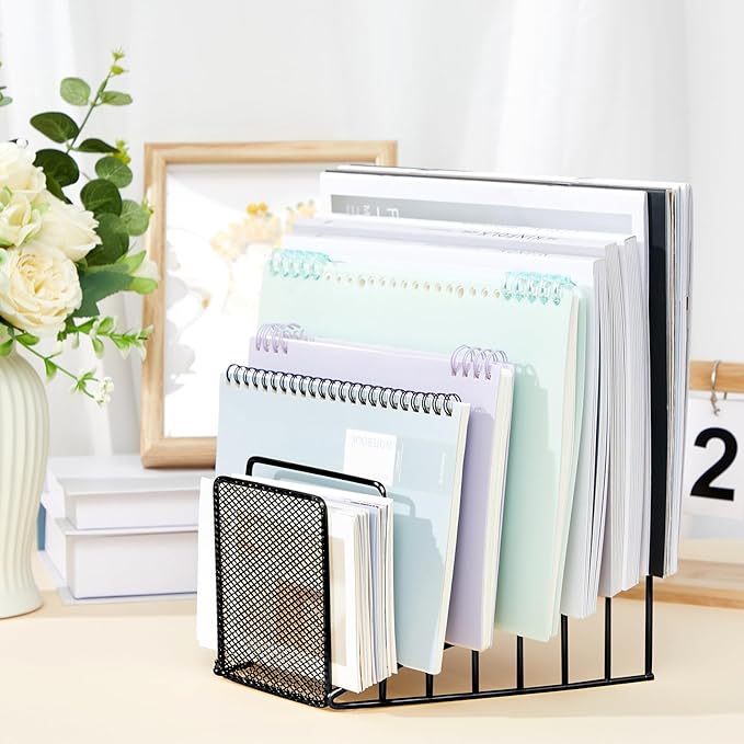 2 Pcs 7 Section Wire File Organizer for Desk, Metal Mesh Incline File Holder, Letter & Magazine Folder Rack, Desktop Paper Sorter for Home Office School (Black)