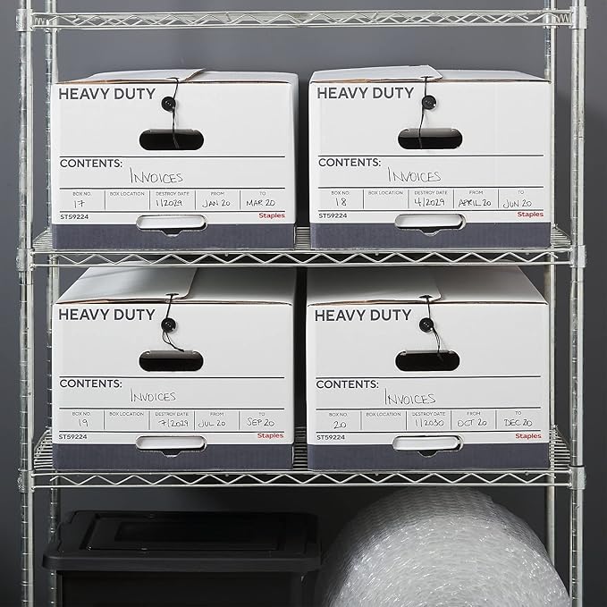 STAPLES Heavy Duty File Box, String and Button Lid, Legal, White/Gray, 4/Pack