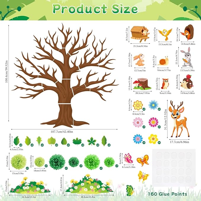 Pajean 110 Pieces Classroom Tree Bulletin Board Set Spring Tree Bulletin Board Decoration with Paper Pom Poms 3D Flowers Leaves Butterfly Cutouts for School Classroom Home Wall Chalkboard Decor