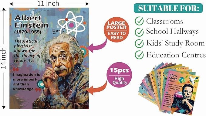 1step2dream Science Poster Classroom Set: 15 Vibrant 11x14 Educational Wall Art Featuring Famous Scientists - Ideal for Middle School, Science Labs & Bulletin Boards